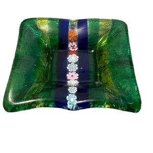 Miniature‎ Fused Art Glass Trinket Dish 3 1/2" green Millefiori